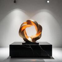 A golden mobius strip sculpture on a black marble base, in a white room with two spotlights photo