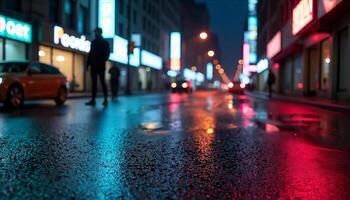 Wet asphalt road with reflections of neon lights, a blurry silhouette of a man on the left, city street at night photo