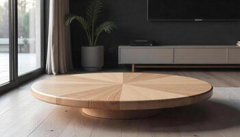 A round wooden table with a radial pattern on top, in a living room with a TV stand and a plant photo
