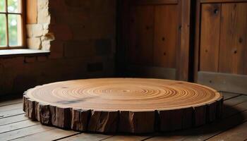 A wooden cut trunk with concentric circles on a wooden floor in front of a wooden wall photo