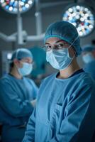 A caucasian woman, 30 years old, with glasses and a surgical mask in a hospital environment with other surgeons photo