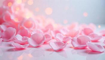 rosado flor pétalos en un blanco superficie, suave Encendiendo, borroso antecedentes con bokeh efecto, romántico atmósfera, delicado textura, pastel colores, elegante composición foto