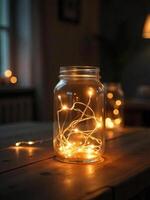 A mason jar filled with string lights on a wooden table, another jar in the background, cozy atmosphere photo