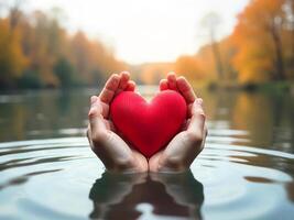 Two hands holding a red heart above the water, the water reflects the hands, in the background there is a forest with autumn colors photo