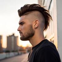 A bold undercut with a longer, swept-back top, styled with a matte finish. The AI prompt details a stylish cityscape setting, golden-hour lighting, and a strong jawlin photo