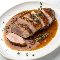 Top view A roasted duck breast sliced and served with a sauce. isolated on white ground photo