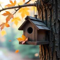 A wooden birdhouse hanging from a tree branch with autumn leaves, a leaf on the birdhouse, in a forest photo