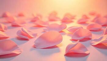 Many pink rose petals scattered on a white surface, soft lighting, romantic atmosphere, minimalist composition, warm color palette, shallow depth of field photo
