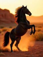 A black horse rearing up on its hind legs, with a flowing mane and tail, in a desert landscape with mountains in the background, warm lighting photo