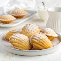 A plate of golden madeleine cakes with their signature scallop shell shape, dusted lightly with powdered sugar, displayed on a white background photo