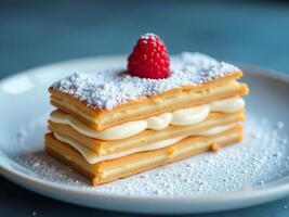 A mille-feuille with vanilla cream and a raspberry on top, powdered sugar, on a white plate, studio lighting, dark blue background photo