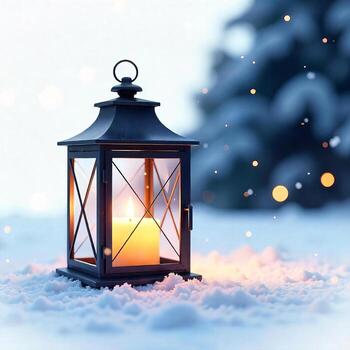 A black metal lantern with a lit candle inside, sitting on a snow covered ground, with a blurred snowy tree in the background and bokeh effect photo