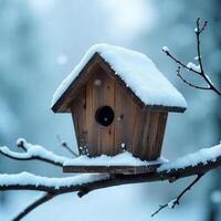 A wooden birdhouse covered in snow, perched on a tree branch, winter scene with a blurred background photo