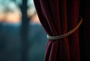 A simple yet elegant curtain tieback made of braided gold cord, holding back a heavy velvet curtain in a dimly lit, Victorian-style study at dusk photo