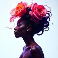 A black woman, 27 years old, with dark skin and curly black hair, adorned with two large pink roses, in front of a white background photo