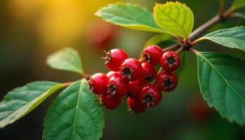 Close-up of wild berry cluster with deep red berries and vibrant green leaves, glistening with morning dew in a temperate forest, early autumn.-topaz-enhance-3.4x photo