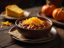 A bowl of chili with shredded cheese on top, cornbread and pumpkins in the background on a wooden table photo