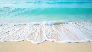 Wave crashing on a sandy beach, clear turquoise water, white foam, sunny day, tropical paradise, relaxing vacation, coastal scenery, ocean breeze photo