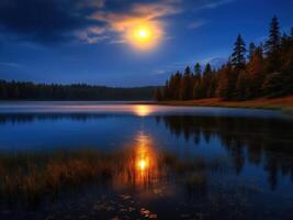 Serene Moonlight over Still Lake and Forest photo