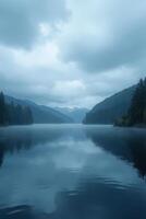 Wide-Angle View of Serene Mountain Lake photo
