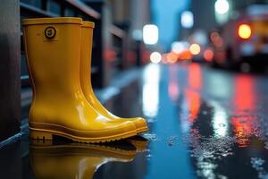 Mustard Yellow Mid-Calf Rain Boots on Reflection photo