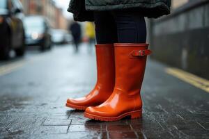 Black Buckled Rain Boots Against Pavement photo