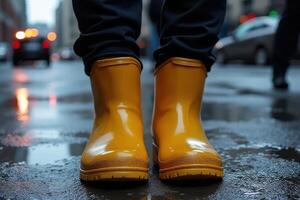 Front View Mustard Yellow Rain Boots on Wet Pavement photo