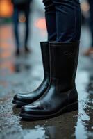 Embossed Floral Pattern Black Rain Boots on City Sidewalk photo