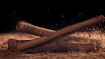 Cinnamon sticks fall on the table. Filmed on a high-speed camera at 1000 fps. High quality FullHD footage video