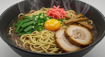 Delicious Steaming Ramen Bowl with Egg, Pork, and Fresh Toppings photo