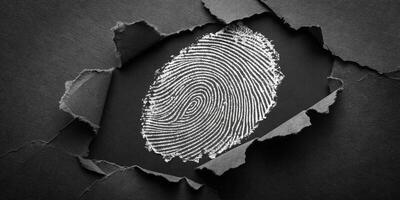 Fingerprint reveal business concept, identity or security in a torn black paper background for data protection or evidence photo