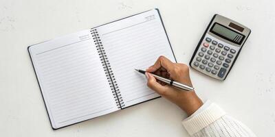 Overhead view of a person writing in a notebook for business planning or accounting purposes with a calculator near photo