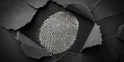 Unique Identity and Security Concept with Fingerprint on Black Ripped Paper for Business photo