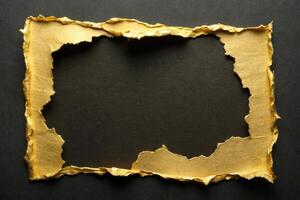 Gold textured torn paper frame on a dark background for business presentations and design projects photo