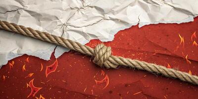 A knotted rope separates torn paper from a red background with fire elements for business use photo