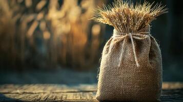 Burlap Sack Overflowing with Golden Wheat on Weathered Wooden Table photo