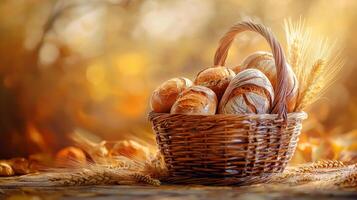 Artisanal loaves in wicker basket amidst autumnal backdrop and wheat stalks photo