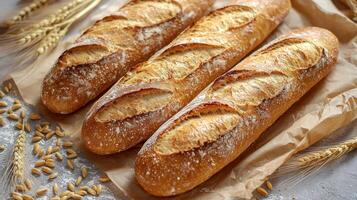 Three Fresh Baguettes Displayed with Grains and Delicate Flour photo