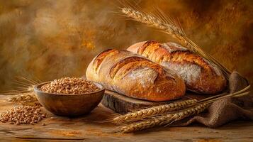 Artisan Bread and Wheat Still Life Evoking Rustic Charm and Harvest Bounty photo