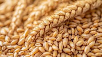 Close-up view of ripe wheat grains and ear creating a textured pattern photo