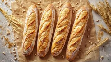 Artisanal baguette assortment on rustic paper, perfect for culinary concepts photo