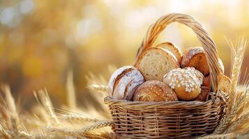 Artisanal bread assortment in wicker basket amidst golden wheat field photo