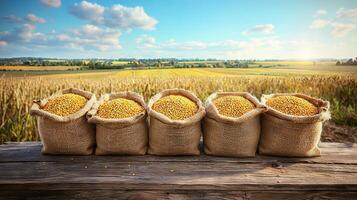 Burlap Sacks Overflowing with Grain in a Picturesque Field photo
