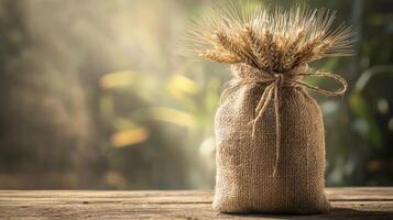 Burlap bag with wheat ears on a rustic wood table, against a nature backdrop photo