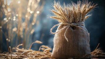 Rustic charm with burlap sack of wheat and golden field ambiance photo