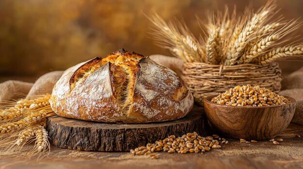 Rustic sourdough bread and wheat kernels still life photography closeup photo