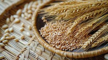 Golden Wheat and Grains in a Woven Basket Presentation photo