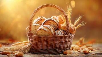 Artisan Breads in a Woven Basket with Golden Wheat Accents Backdrop photo