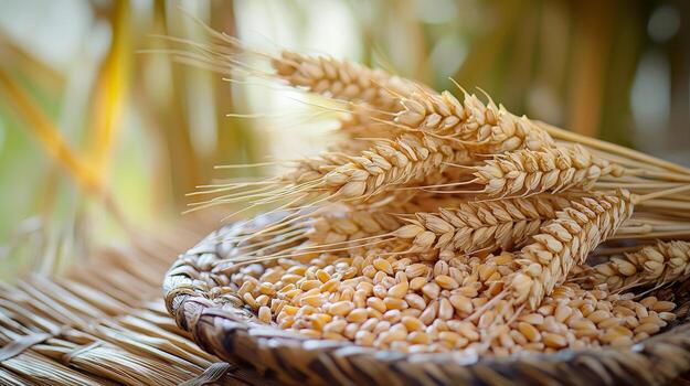 Wheat Kernels and Stalks in Woven Basket Close-Up Display photo