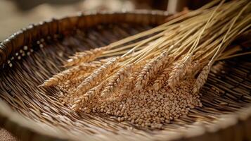 Wheat stalks and grains in rustic basket close up view photo